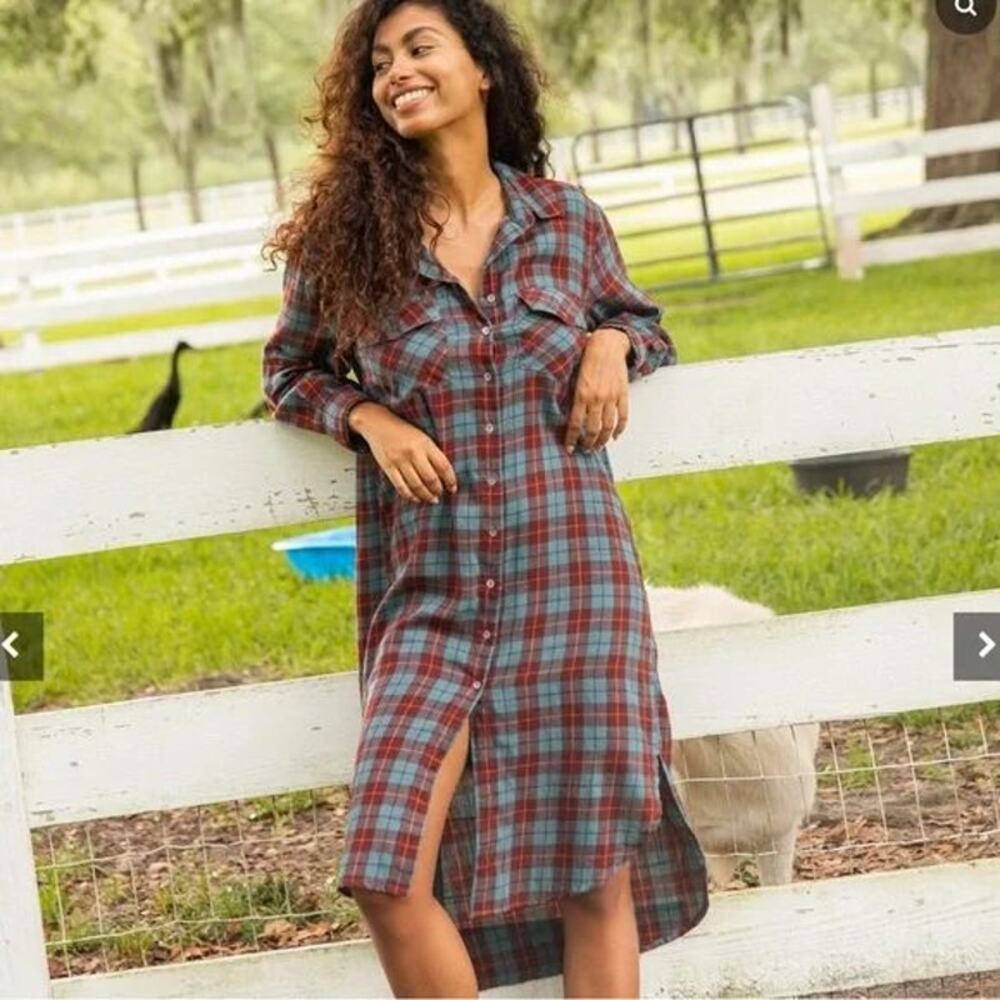 NATURAL LIFE Teal and Rust Plaid Midi Shirt Dress